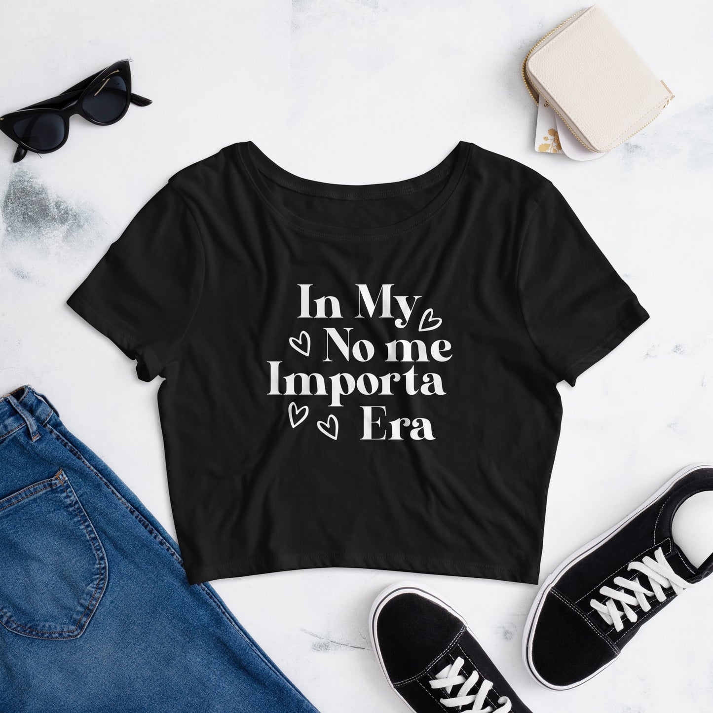 Women’s In my No Me Importa Era (white letter) Crop Tee