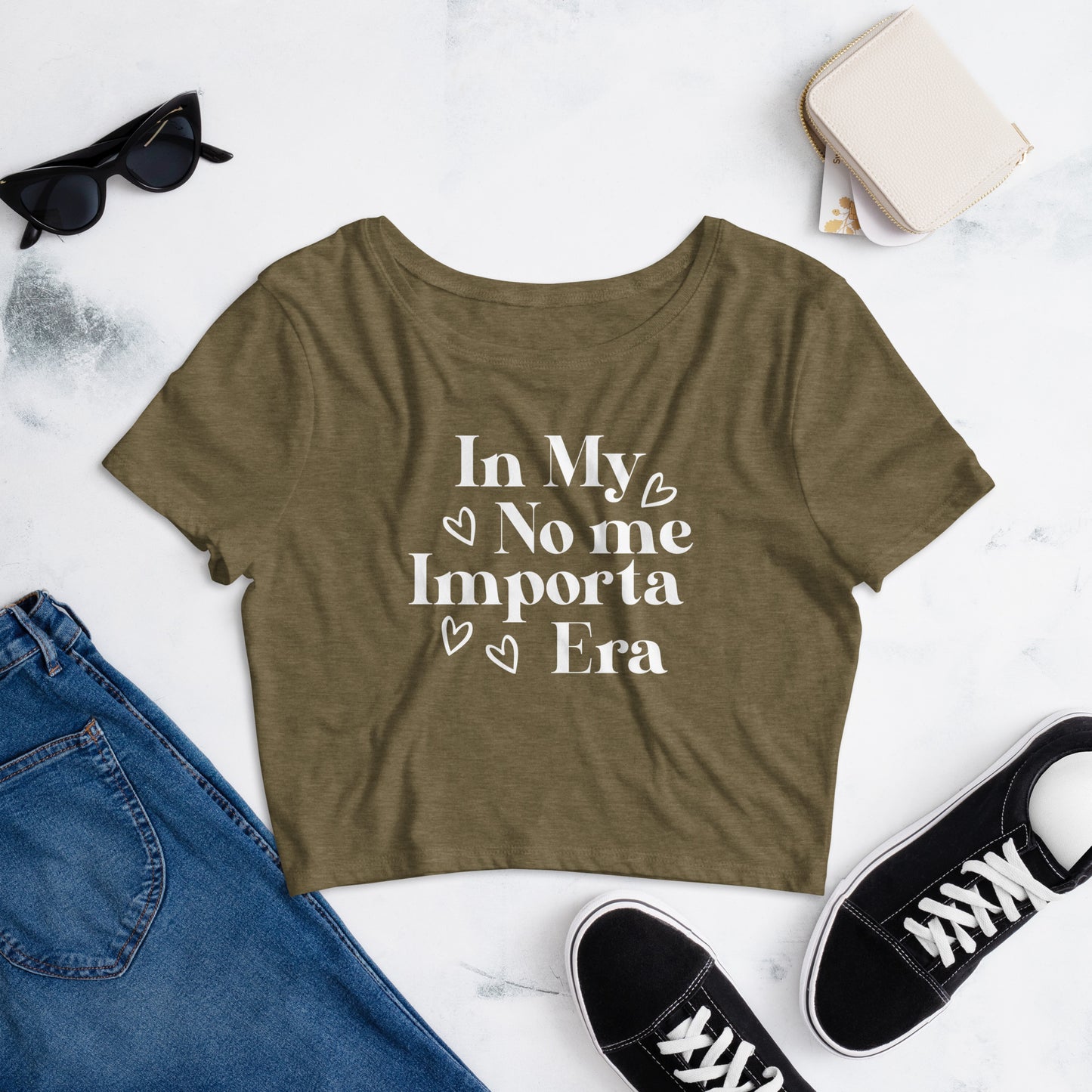 Women’s In my No Me Importa Era (white letter) Crop Tee