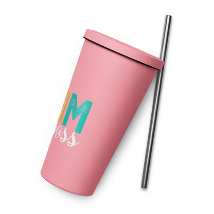 Insulated Mom & Boss tumbler with a straw